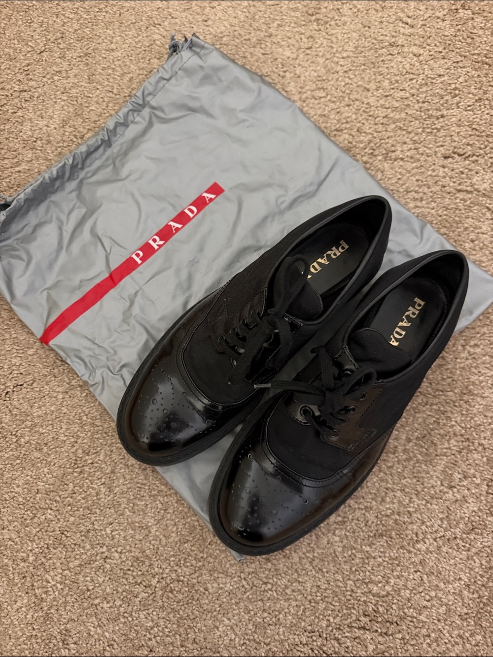 Prada Black Leather & Fabric Wingtip Loafers